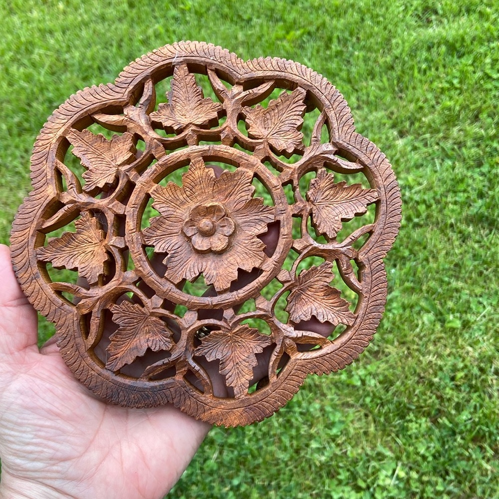 Vintage Hand Carved Solid Wood Trivet Gallery Wall Art